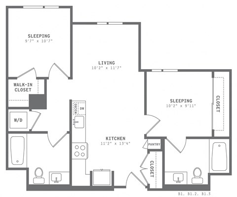 Floor plan for 2 beds, 2 baths, 811 sqft